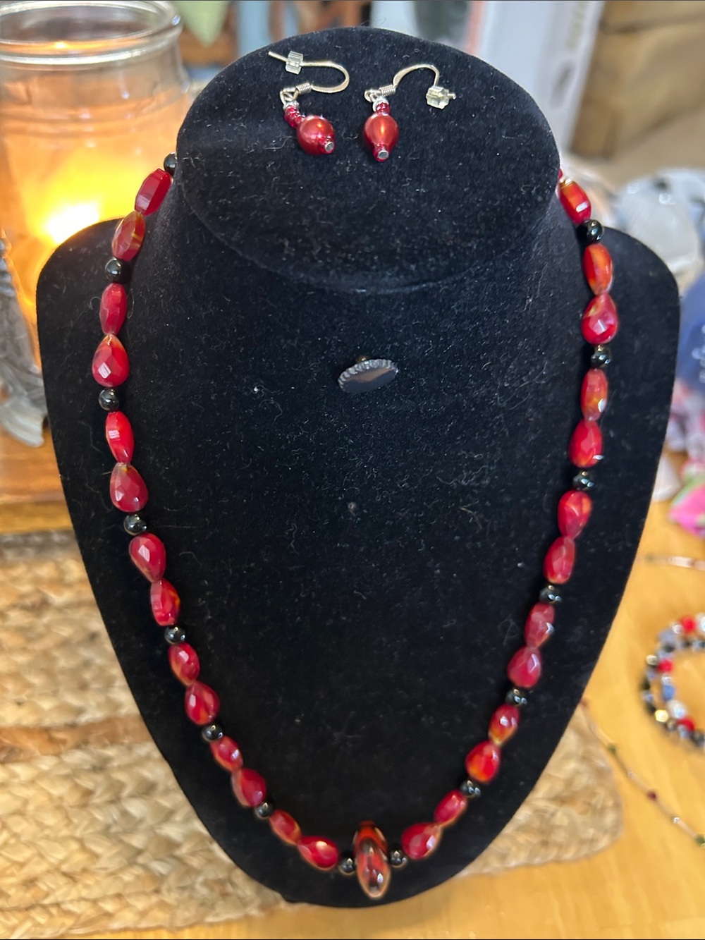 Red Beaded Necklace and Earrings Set Jewlery Set